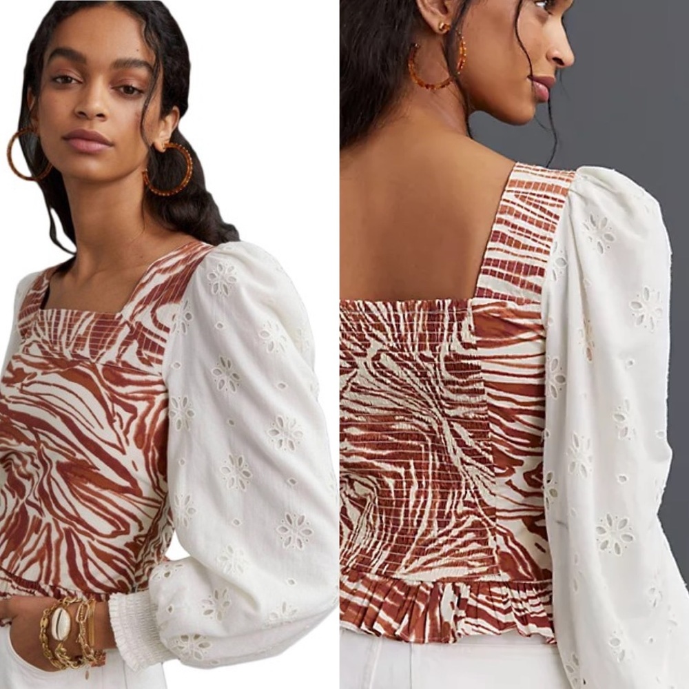 NWT: Anthropologie Love the Label Smocked Puff Sleeve Blouse Neutral Zebra XL